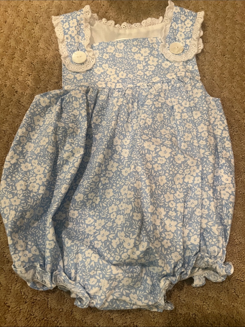 Light Blue Floral Baby girl Bubble Romper with Lace-Trim Straps